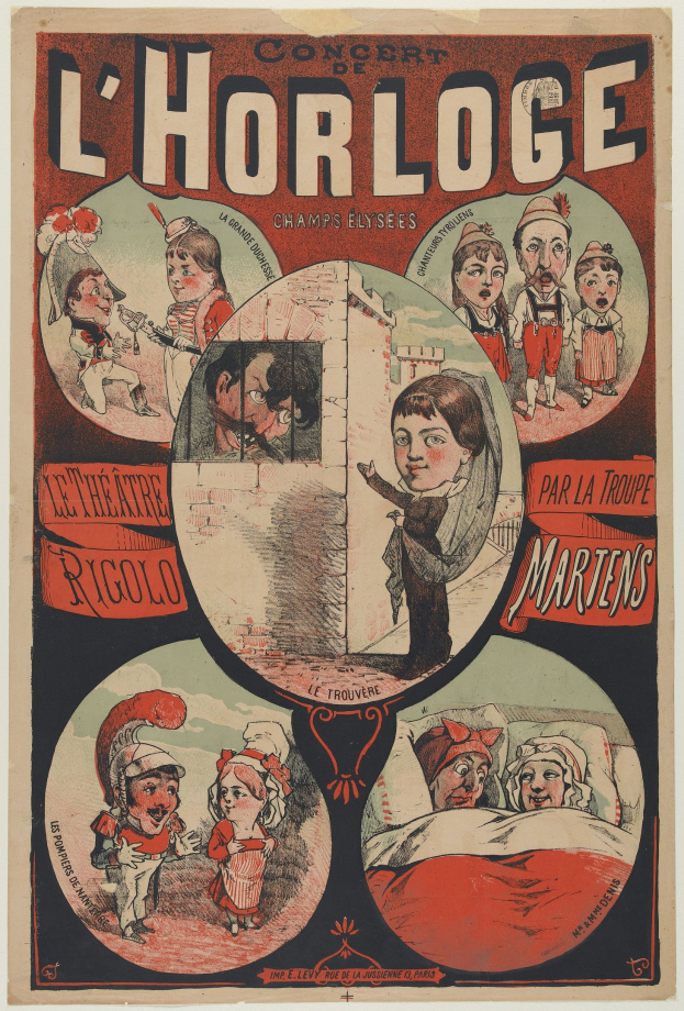 Plakat für ein Konzert im Chorloge Theater in Paris mit einer Gruppe von Menschen in farbenfrohen Kostümen umgeben von Text.