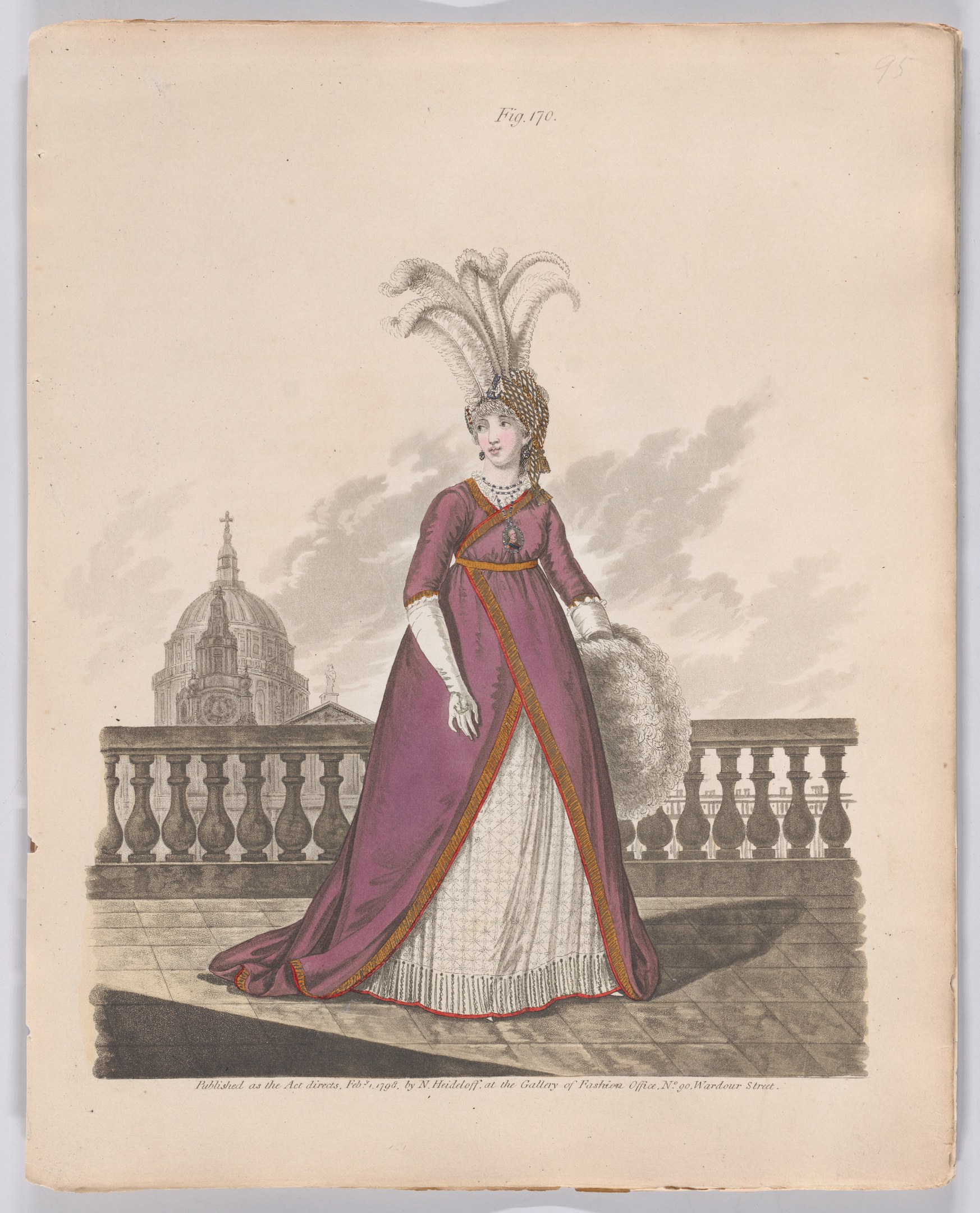 Frau in einem violetten und weißen Federkleid, die an einem Geländer steht, mit einem Gebäude und Wolken im Hintergrund, beschriftet mit 'Fashion of New York, New York Street, 1790.'