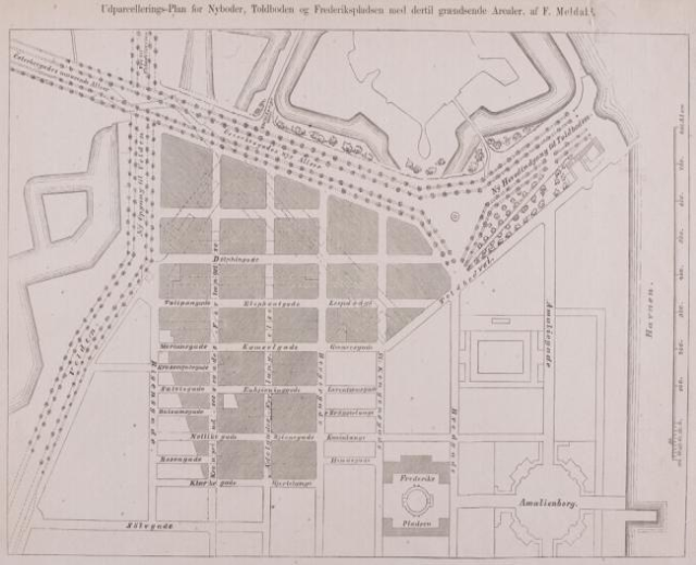 Alte Karte von Amsterdam, Niederlande, mit Plänen für Nybolder, Toldbolder und Frederikkepladen mit handschriftlichen Textanmerkungen.