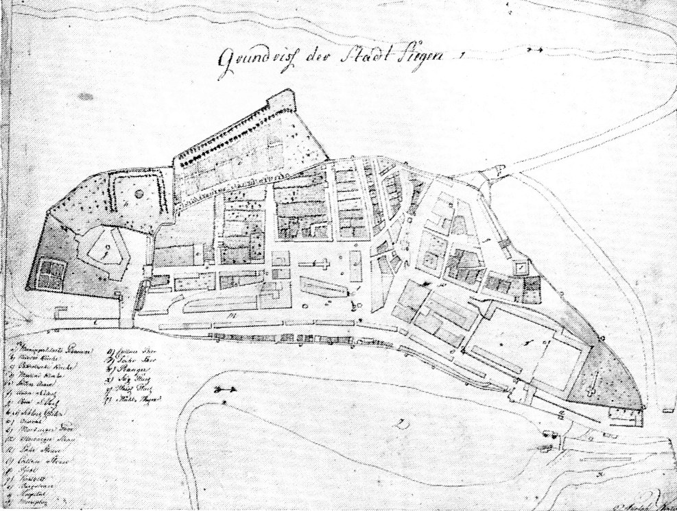 Schwarz-weiß-Karte von Stadt Sigra, Deutschland, zeigt ein detailliertes Layout von Gebäuden und Straßen mit Textanmerkungen.