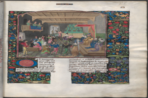 Ein aufgeschlagenes Buch mit einer leuchtenden, detaillierten Miniatur aus dem Mittelalter mit Menschen verschiedenen Alters und Hintergrunds in einer lebhaften Unterhaltung, dargestellt in leuchtenden, intensiven Farben.