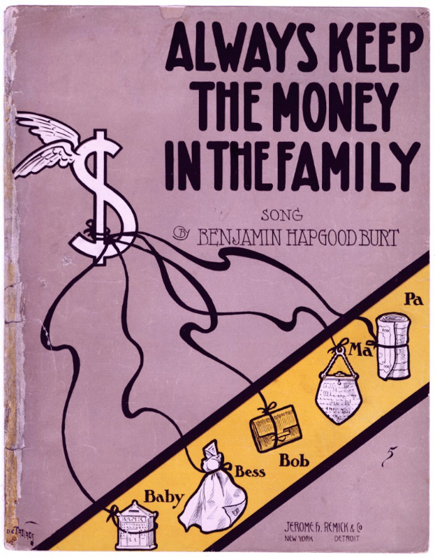 Ein Plakat mit fetter schwarzer Schrift, die "Immer das Geld in der Familie behalten" lautet, vor einem weißen Hintergrund, mit einer bunten Illustration einer glücklichen Familie von vier (zwei Erwachsene und zwei Kinder), die in einem Kreis unter einem hellblauen Himmel mit weißen Wolken stehen.