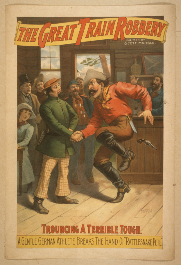 Ein Plakat zeigt eine Gruppe von Menschen, die drinnen stehen, einer hält eine Waffe, mit Text oben und unten: "Der große Zugraub - Trouching ein schreckliches Tough".