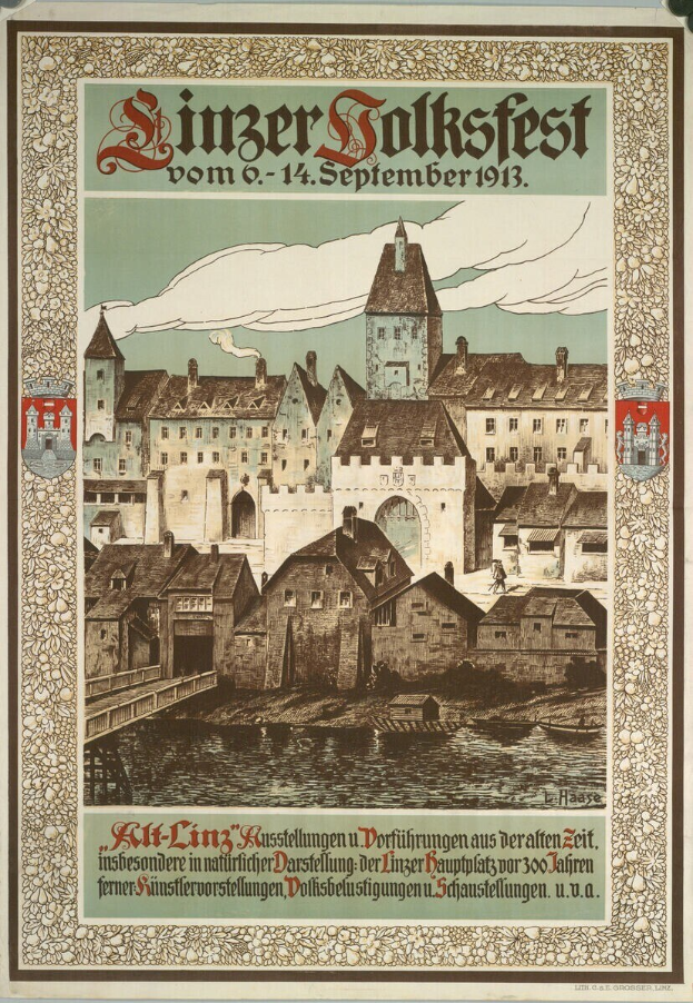 Alter Plakatwerbung für ein Festival in Deutschland, mit einem Schloss umgeben von Häusern und Text, der Festivaldetails bereitstellt.