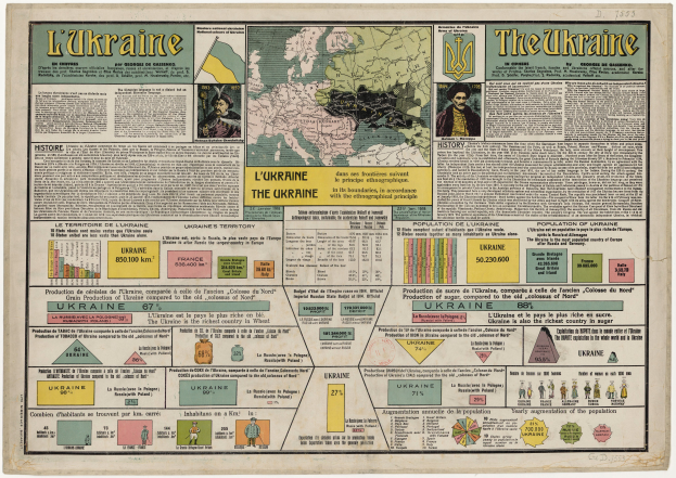 Eine alte Zeitung mit einer detaillierten Karte von Ukraine voller Text und Bildern.
