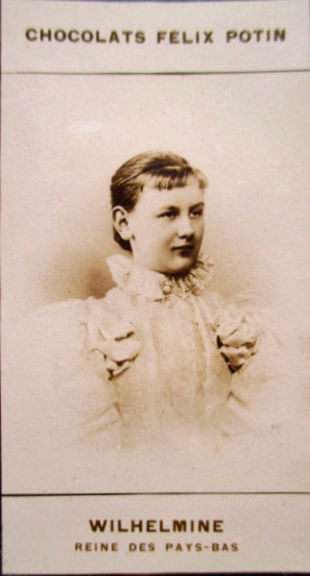 Ein altes Foto einer Frau mit warmem Lächeln, die ein weißes Kleid und einen gemusterten Schal trägt, ihre Haare zu einem Dutt gebunden und direkt in die Kamera schaut, mit dem Text "Wilhelmine" oben und unten.