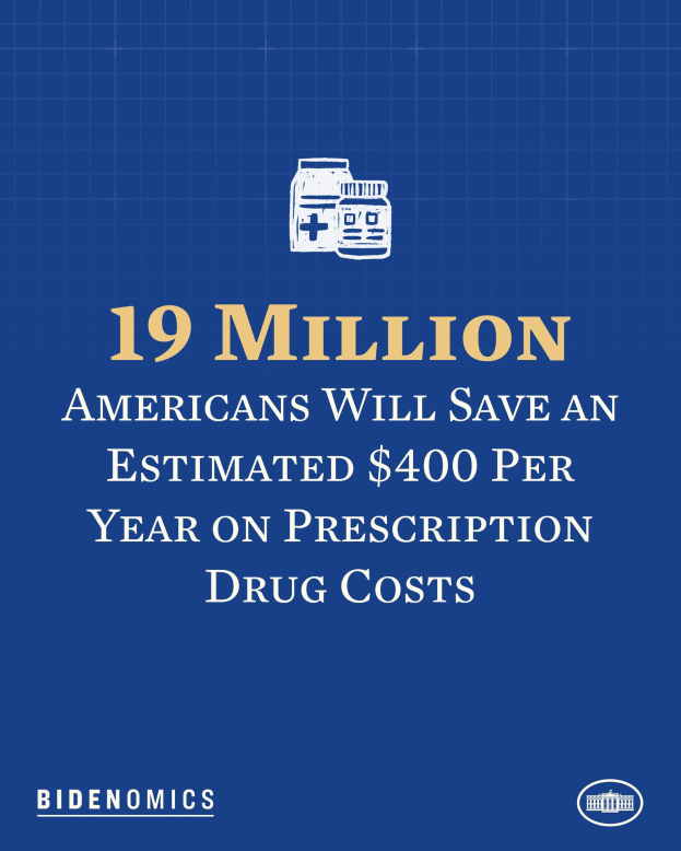 Ein blauer Hintergrund mit weißer Schrift und einem Logo mit der Aufschrift "19 Millionen Amerikaner sparen geschätzt 400 Dollar pro Jahr an Arzneimittelkosten."