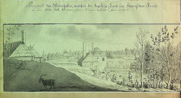 Ein altes Buch mit einer Zeichnung einer Bauernlandschaft mit einem Dorf mit Häusern, Bäumen und einer Ziege im Vordergrund, begleitet von beschreibendem Text.