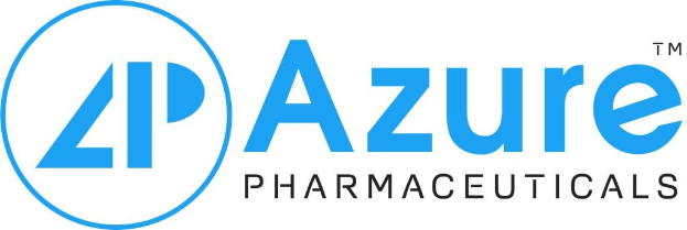 Logo von Azure Pharmaceuticals: schwarzer Schriftzug 'Azure Pharmaceuticals' in einem blauen Kreis mit weißer Umrandung auf weißem Hintergrund.